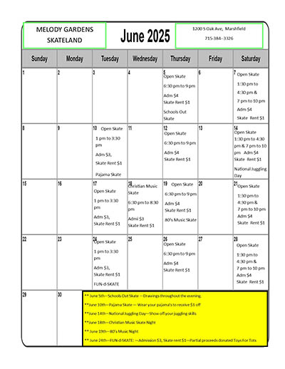 Skateland calendar for the month of June.
