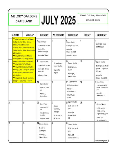 Skateland calendar for the month of July.
