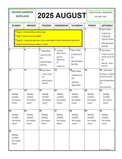 Skateland calendar for the month of August.