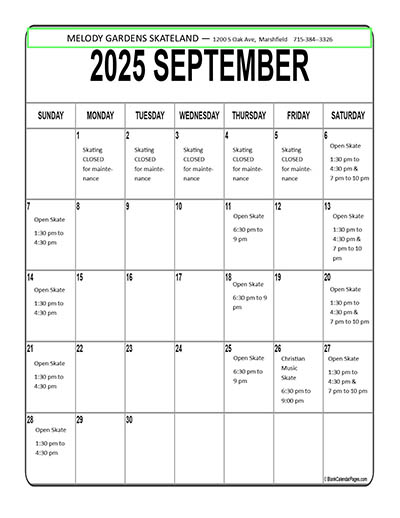 Skateland calendar for the month of September.